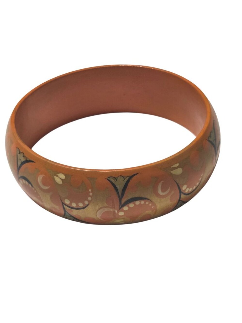 Hand Painted Wooden Bangle Bracelet Orange Gold Floral Design Fashion Jewelry